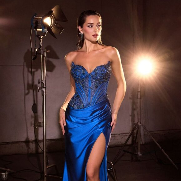 New Strapless Satin Royal Beaded Gown w/ Corset Bodice & Leg Slit CD KV1136